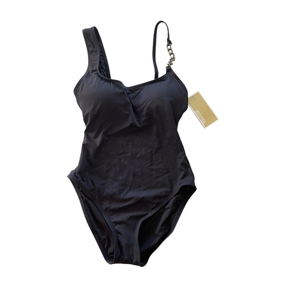 Michael Kors‎ Logo Chain Scoopneck One Piece Black Swimsuit Size 4 $122 NWT - Picture 1 of 5